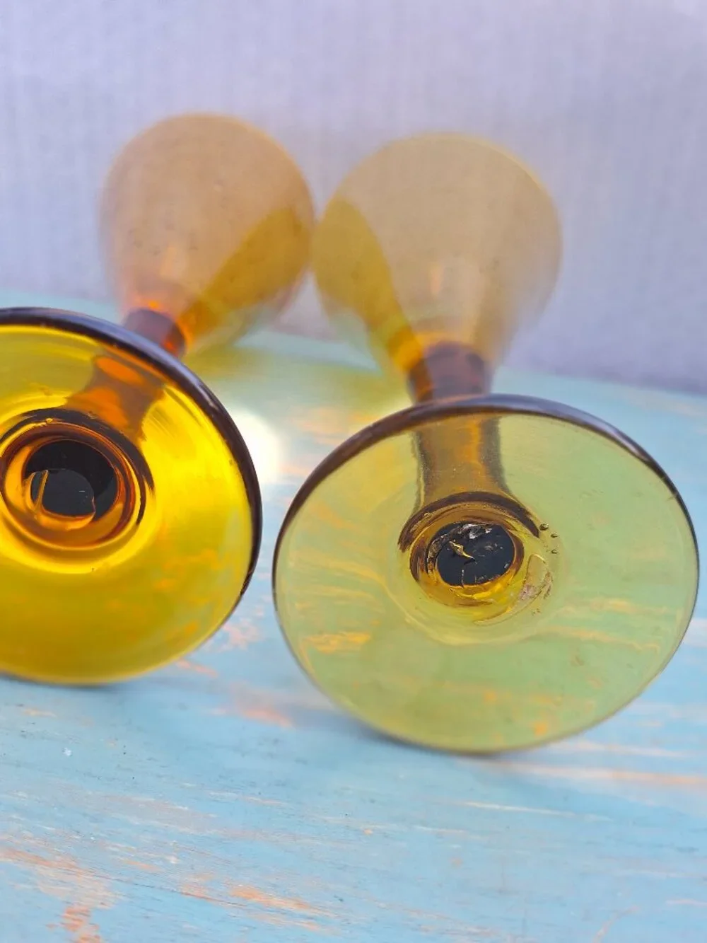 Vintage Wine Goblets Bubbles Hand Blown Glass Gold Bronze Color Pair His and Her - Picture 13 of 16